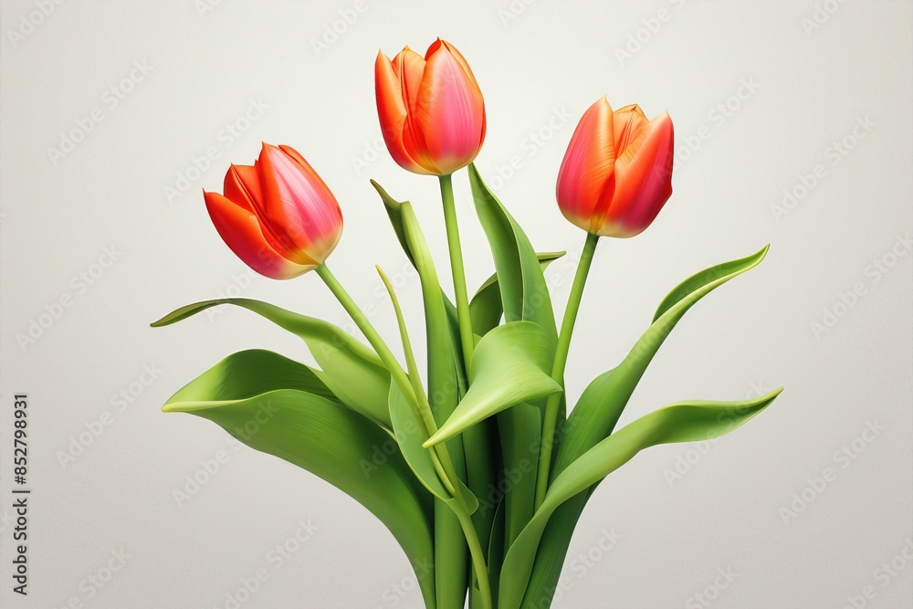 Photo of three orange tulips with green leaves on a pale yellow background. Photo of three orange tulips with green leaves on a pale yellow background.