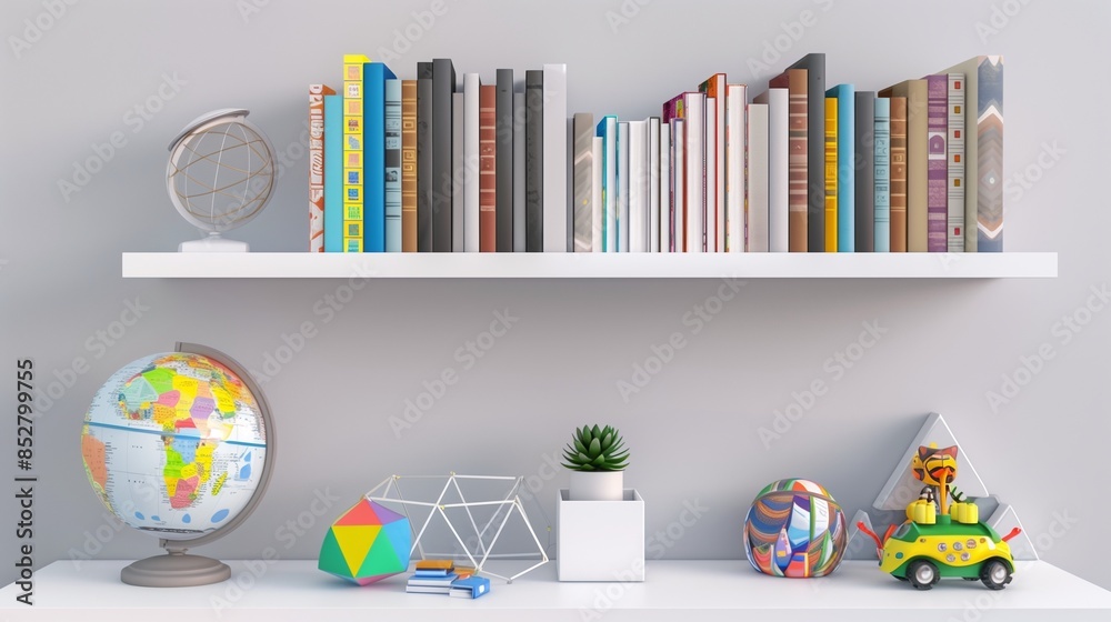 A study nook with a minimalist design, featuring a white bookshelf loaded with colorful childrena??s books, a contemporary globe, geometric educational toys, and a small succulent on a floating shelf. A study nook with a minimalist design, featuring a white bookshelf loaded with colorful childrena??s books, a contemporary globe, geometric educational toys, and a small succulent on a floating shelf.