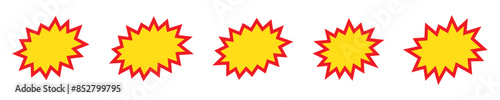Blank sale tags. Ribbon sale banners. Red and yellow starburst stickers. Pop art funny bang bubble on white background. Cartoon comic style.