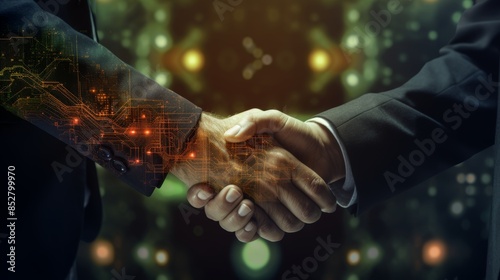 Futuristic business handshake with digital investment data for innovative marketing and partnerships