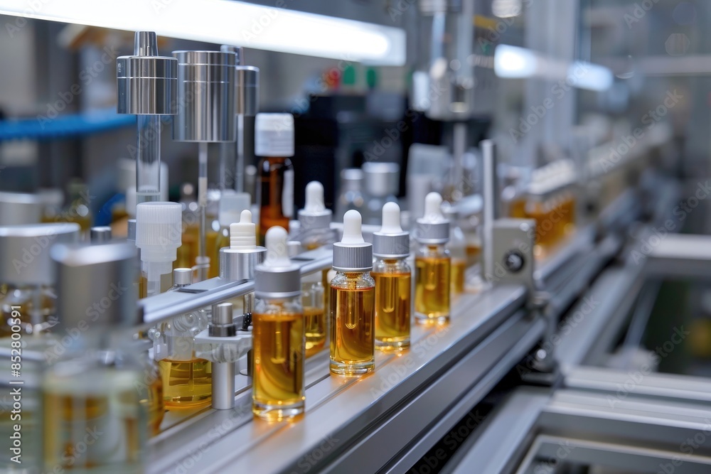 Automated Robotic cosmetic serum Line. Skincare production plant indoors Automated Robotic cosmetic serum Line. Skincare production plant indoors