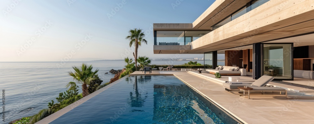 Fototapeta premium Modernist beachfront villa with infinity pool.