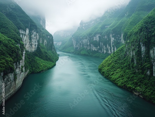 Majestic Yangtze River Flowing Through Three Gorges - Minimalist Landscape of Dramatic Cliffs and Lush Greenery photo