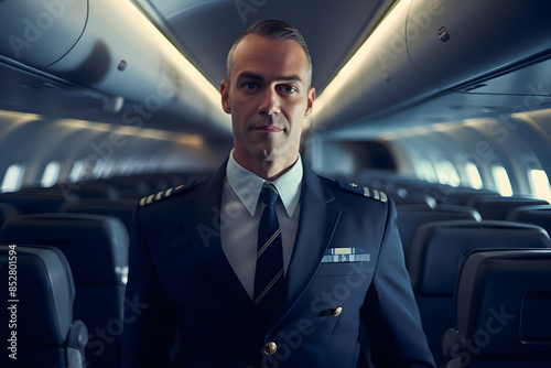 Cheerful handsome flight attendant wearing strict work uniform