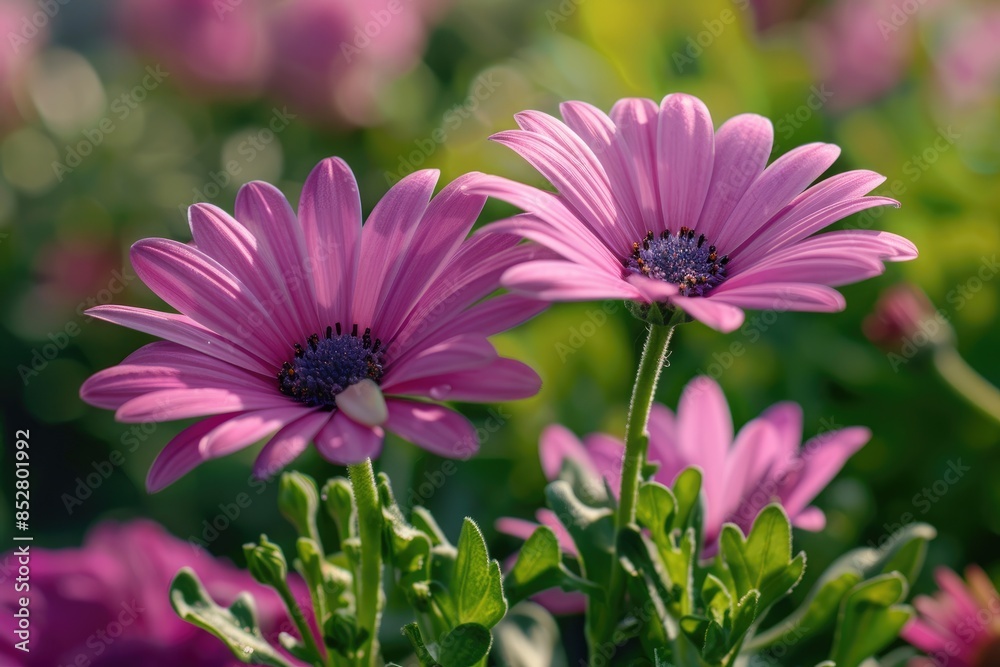 Two pink daisies in a field of pink flowers on sunny summer day. Two pink daisies in a field of pink flowers on sunny summer day.