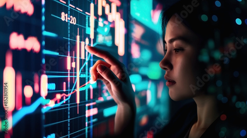 Woman analyzing financial data on a digital screen with graphs and charts illustrating market trends.