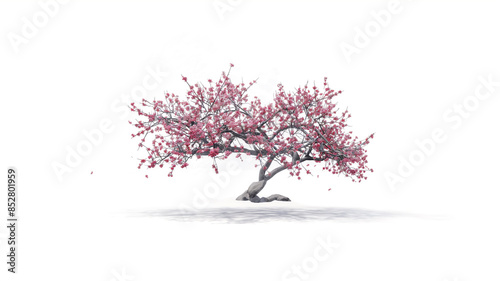 A cherry blossom tree with delicate pink flowers stands against a white background, evoking a serene and peaceful atmosphere.