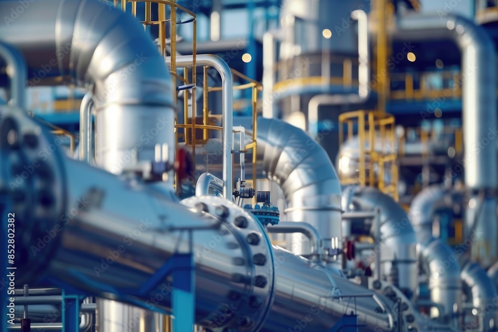 Pipeline and pipe rack of petroleum, chemical, hydrogen or ammonia industrial plant. Industrial zone Close up. Pipeline and pipe rack of petroleum, chemical, hydrogen or ammonia industrial plant. Industrial zone Close up.
