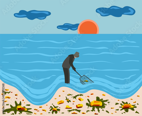 Man with black landing net looking for amber on a Baltic sea. A lot of amber stones with seaweeds on a sandy Baltic beach. Sun and clouds. Rainy day. Baltic sea. Flat vector design. Sunlight