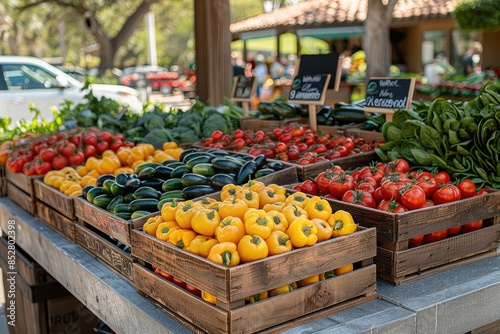 A bustling farmers market with vendors selling organic produce and handmade eco-friendly products.