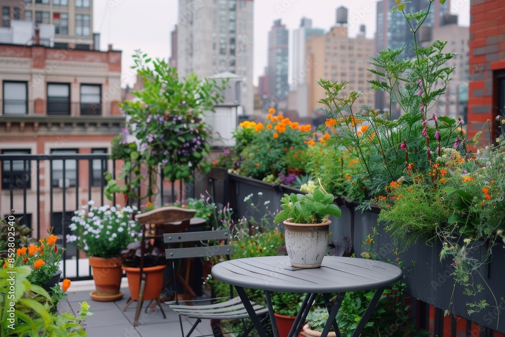 Fototapeta premium Urban Garden with Vertical Planters and Flowering Herbs on Rooftop Patio in City Setting
