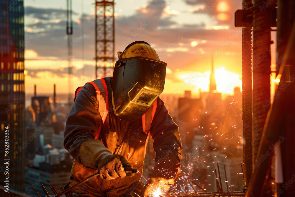 Fototapeta premium Building at Dusk: Urban Construction Worker Welding at Sunset