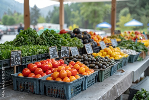 A bustling farmers market with vendors selling organic produce and handmade eco-friendly products.