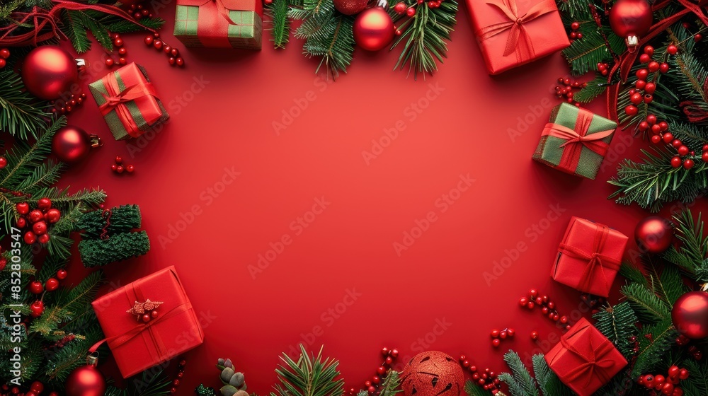 This image shows a red background with a festive arrangement of Christmas decorations, including fir branches, red and green gift boxes, red ornaments, and red berries. The image is perfect for use in This image shows a red background with a festive arrangement of Christmas decorations, including fir branches, red and green gift boxes, red ornaments, and red berries. The image is perfect for use in