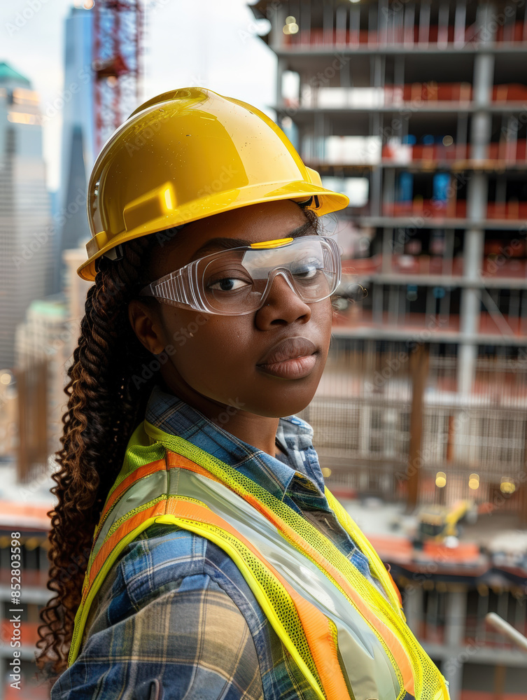 Strong Female Construction Worker in Urban Landscape Strong Female Construction Worker in Urban Landscape