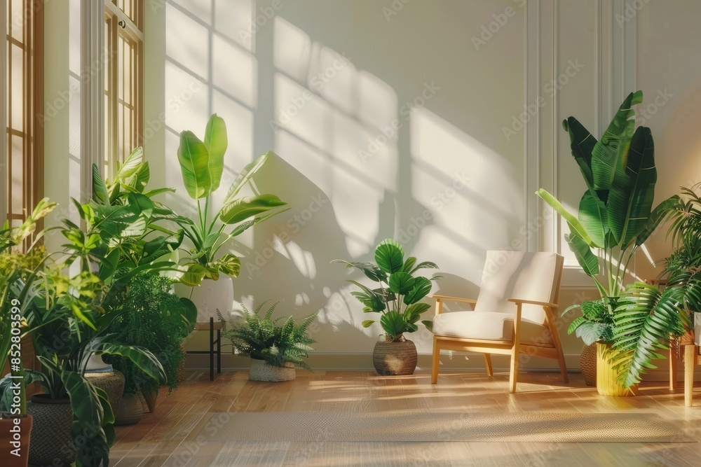 Minimal living room with indoor plants. Bright authentic home interior. Home gardening and biophilic design Minimal living room with indoor plants. Bright authentic home interior. Home gardening and biophilic design