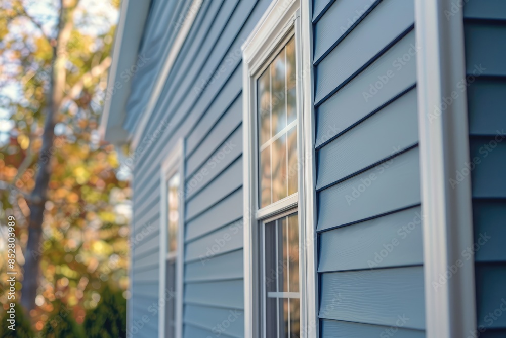 Vinyl siding on house with window frames, close-up view. Vinyl siding on house with window frames, close-up view.