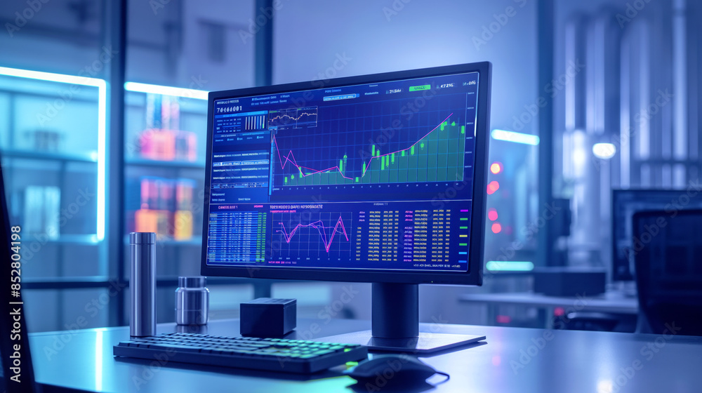 Office desk with a monitor displaying financial charts and data analytics in a modern, high-tech workspace environment.