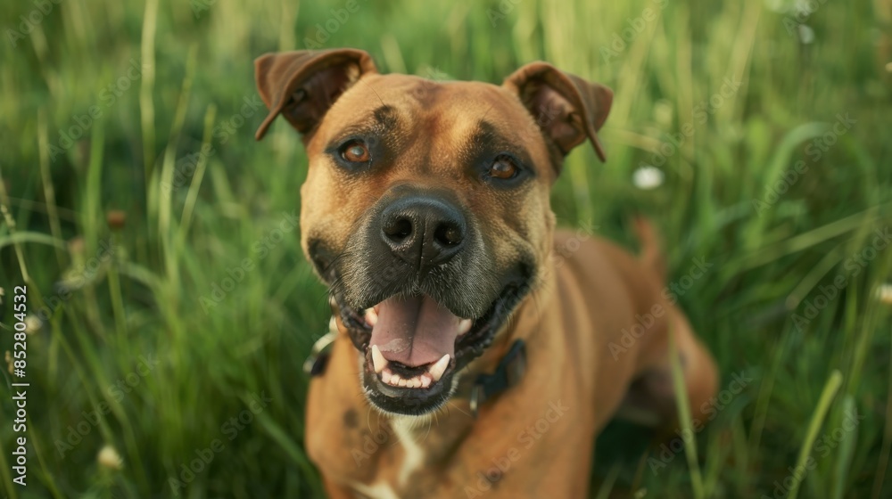 A brown dog is sitting in the grass and smiling. The dog has a black nose and is wearing a collar A brown dog is sitting in the grass and smiling. The dog has a black nose and is wearing a collar