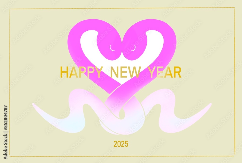 Fototapeta premium 2025年 ハートをつくるヘビのイラストのおしゃれな年賀状 巳年 ピンク