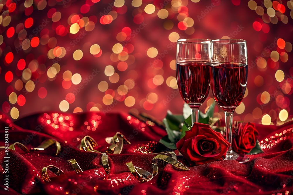 Romantic evening background with two wine glasses on red satin and roses. Perfect for Valentine's Day. Celebrate love and special moments with this elegant and intimate image. Generative AI Romantic evening background with two wine glasses on red satin and roses. Perfect for Valentine's Day. Celebrate love and special moments with this elegant and intimate image. Generative AI