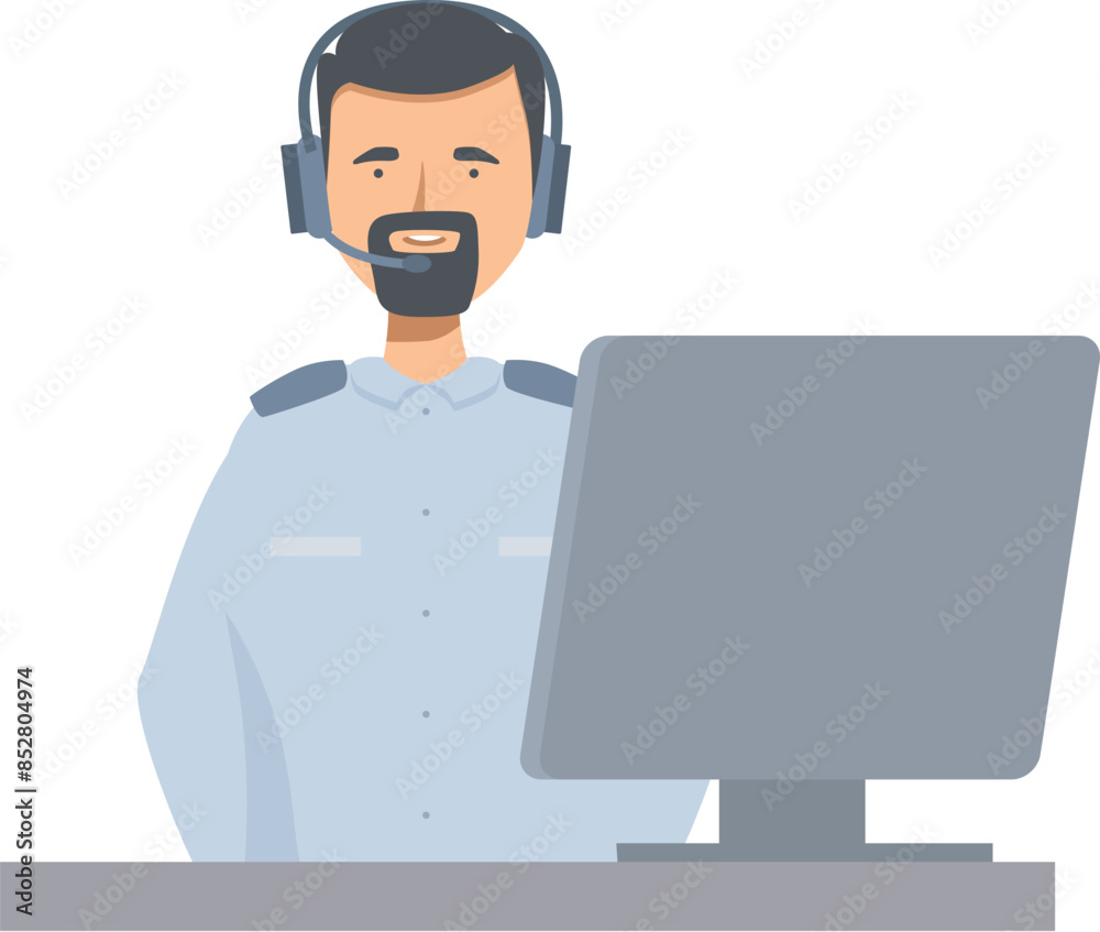 Security guard wearing headset smiling while working at his desk monitoring a computer Security guard wearing headset smiling while working at his desk monitoring a computer