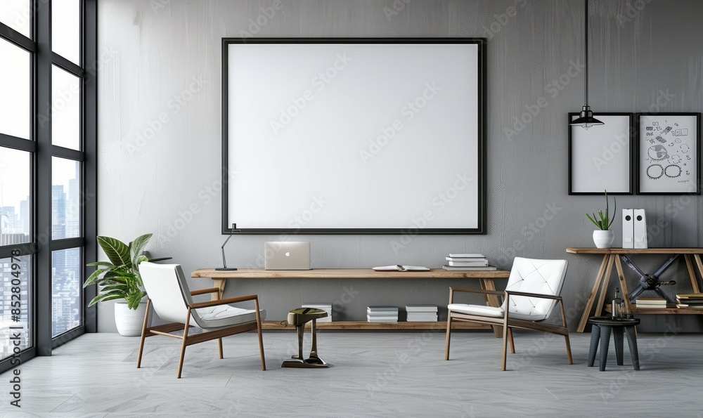 Sleek home office with a blank whiteboard on the wall. Sleek home office with a blank whiteboard on the wall.