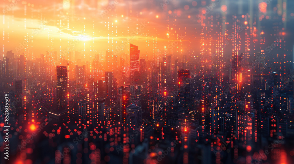 Fototapeta premium Modern cityscape combined with a business data analytics dashboard, the overlay demonstrating the harmonious blend of finance and technology driving contemporary business success.