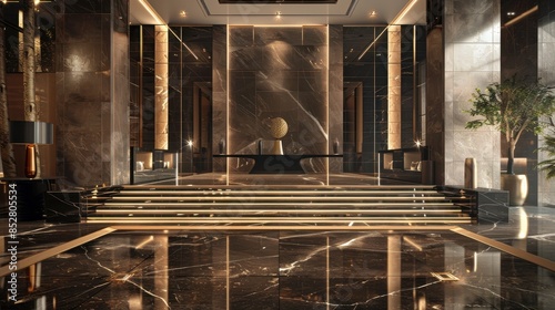 The image showcases a luxurious lobby with sleek marble walls, floors, and stairs. The space is decorated with subtle golden accents, including illuminated trim on the steps and vertical panels. A dec photo
