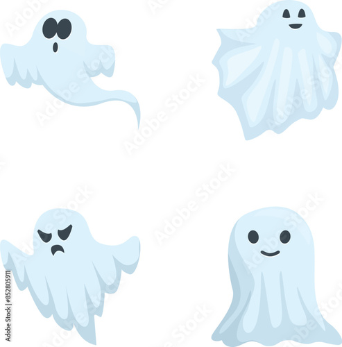 Collection of cute and playful cartoon ghosts illustrations for halloween decorations, featuring a set of friendly and spooky characters with a variety of emotional expressions