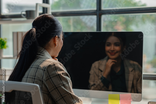 an entrepreneur is in the office, a businesswoman works professionally, an employee is sitting in the office in company at her desk, various posture of office worker