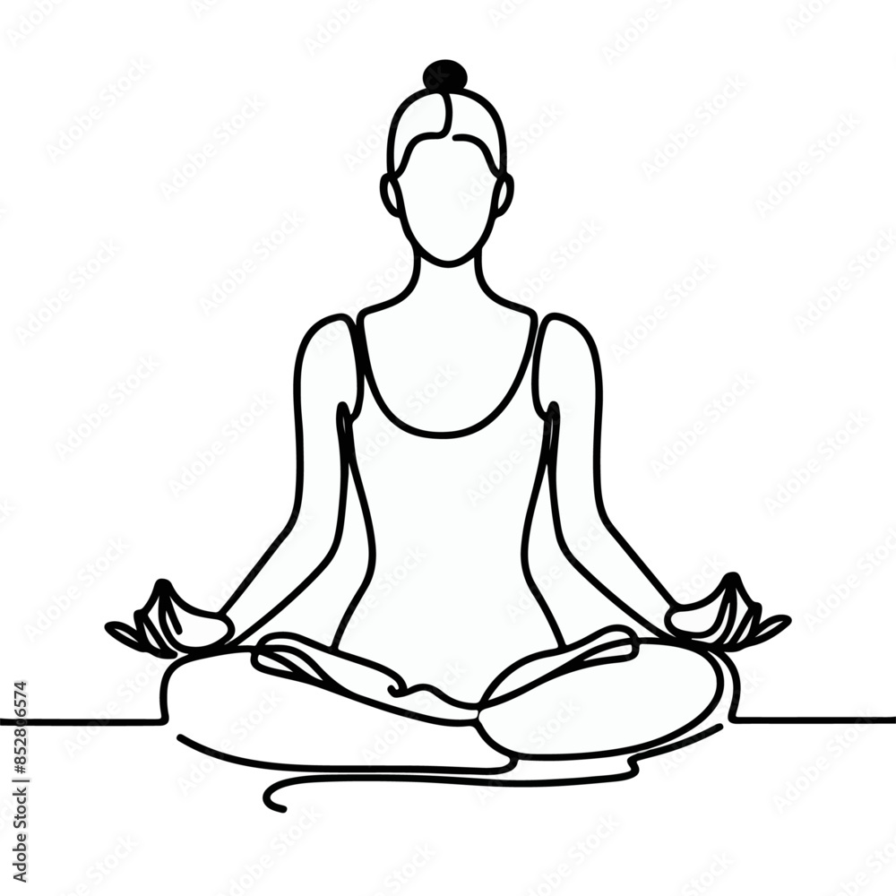 women performing yoga line art, Continuous line drawing of meditating girl, One line woman sitting in lotus pose yoga