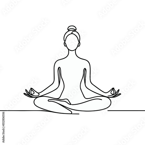 women performing yoga line art, Continuous line drawing of meditating girl, One line woman sitting in lotus pose yoga