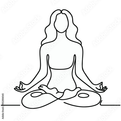 women performing yoga line art, Continuous line drawing of meditating girl, One line woman sitting in lotus pose yoga