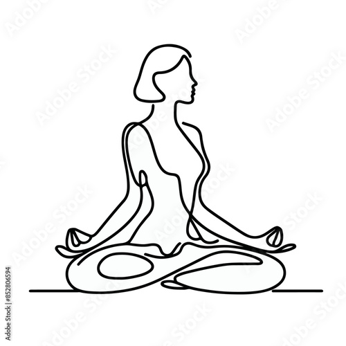 women performing yoga line art, Continuous line drawing of meditating girl, One line woman sitting in lotus pose yoga