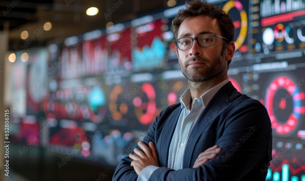 Obraz premium A portrait of a visionary tech entrepreneur standing in front of an AI-driven data visualization wall, showcasing real-time analytics and machine learning models