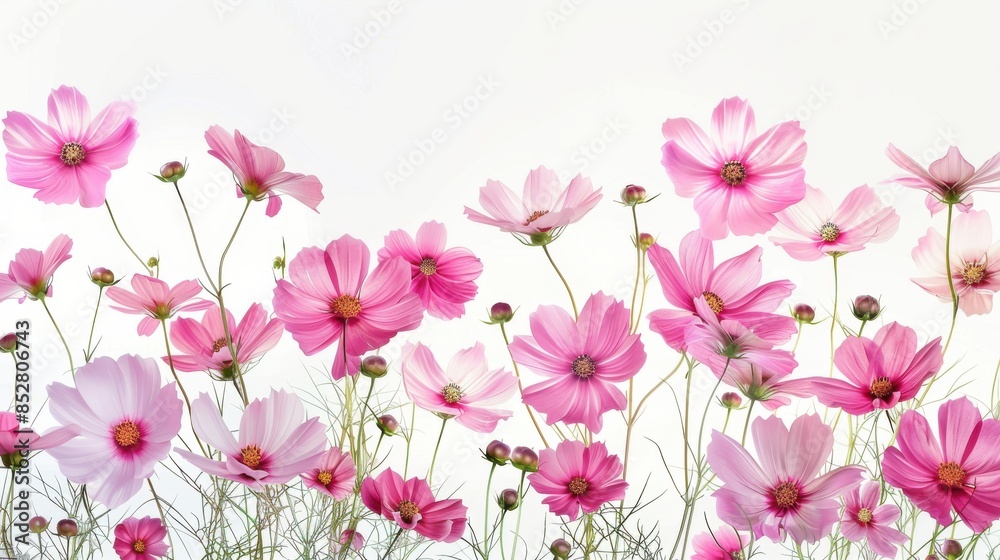 A beautiful close-up photograph of pink cosmos flowers blooming against a white background. The flowers are in various stages of bloom, with some fully open and others still in bud. The delicate petal A beautiful close-up photograph of pink cosmos flowers blooming against a white background. The flowers are in various stages of bloom, with some fully open and others still in bud. The delicate petal