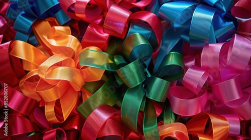 A close-up photograph of a collection of colorful satin ribbons arranged in a decorative pattern, showcasing vibrant hues of orange, red, pink, green, and blue. The ribbons are intertwined, creating a