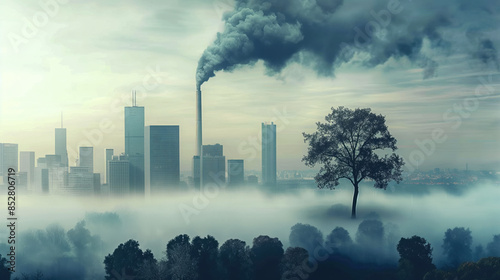 Industrial cityscape shrouded in fog with a factory chimney emitting smoke and a lone tree in the foreground