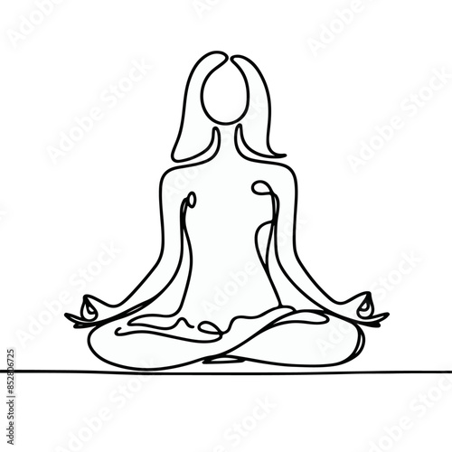 women performing yoga line art, Continuous line drawing of meditating girl, One line woman sitting in lotus pose yoga