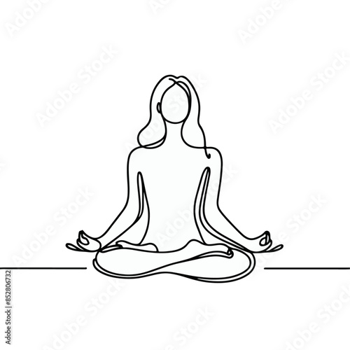 women performing yoga line art, Continuous line drawing of meditating girl, One line woman sitting in lotus pose yoga