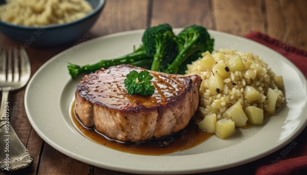 Delicious grilled pork chop in a savory sauce with creamy mashed potatoes and caramelized apples, garnished with mint, perfect for a hearty meal Delicious grilled pork chop in a savory sauce with creamy mashed potatoes and caramelized apples, garnished with mint, perfect for a hearty meal