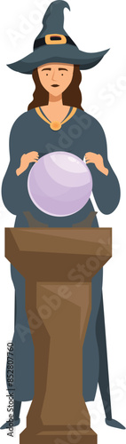 Fortune teller predicting future using crystal ball, witch holding magic sphere above wooden stand