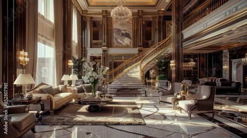 A luxuriously furnished lobby with large windows, elegant seating, a grand spiral staircase, and intricate details throughout the space. The warm lighting and rich textures create a sense of sophistic photo