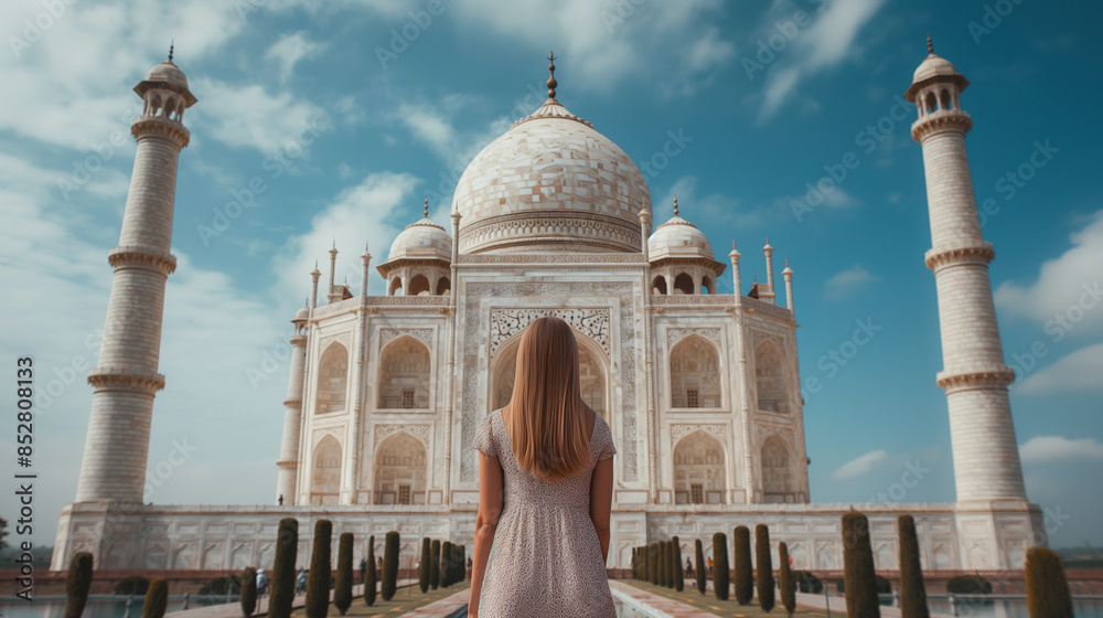 Fototapeta premium An influencer sharing their travel experiences, posing in front of a famous landmark, with hashtags and locations tagged in the post