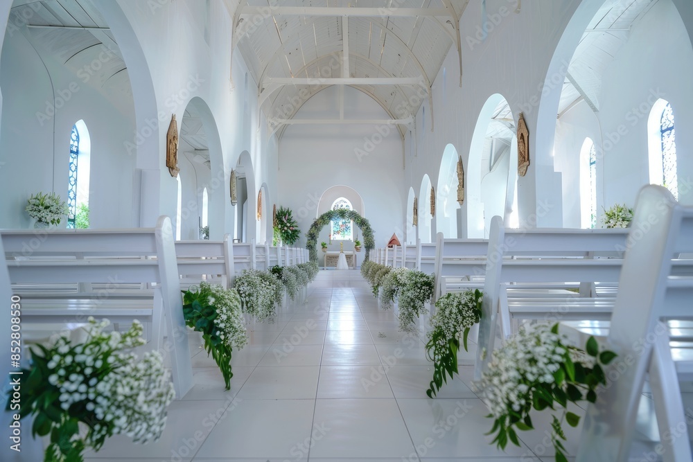 An empty white chapel with arches, flowers decorations and rows of benches ready for wedding ceremony. An empty white chapel with arches, flowers decorations and rows of benches ready for wedding ceremony.