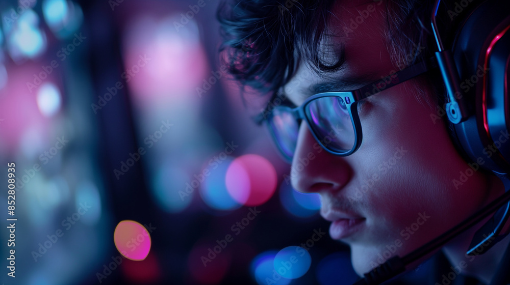 A close-up of a professional e-sports playerâs intense concentration, with gaming peripherals and screens reflecting the game they are playing A close-up of a professional e-sports playerâs intense concentration, with gaming peripherals and screens reflecting the game they are playing
