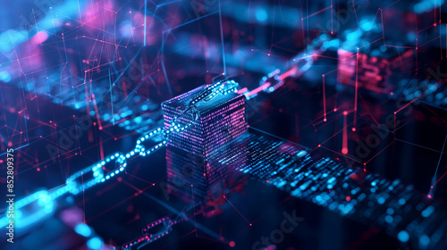 A dynamic representation of blockchain blocks being added to a chain, with each block containing encrypted financial transactions and data photo