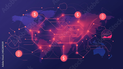 A cross-border payment system powered by blockchain technology, showing a seamless and instant transfer of funds between different countries with low fees photo
