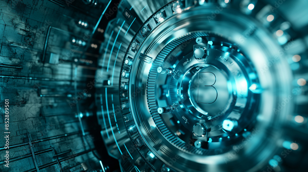 Obraz premium A secure blockchain vault with digital keys and cryptographic symbols, emphasizing the security and integrity of blockchain-based financial systems